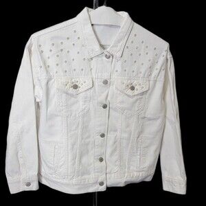 Koaj white embelished denim jacket Size M Cotton blend pearl Rhinestone
